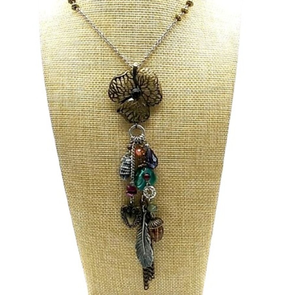 M&S Long Boho Charm Necklace Mixed Metals Colorful Beads Nature-Inspired Dangles